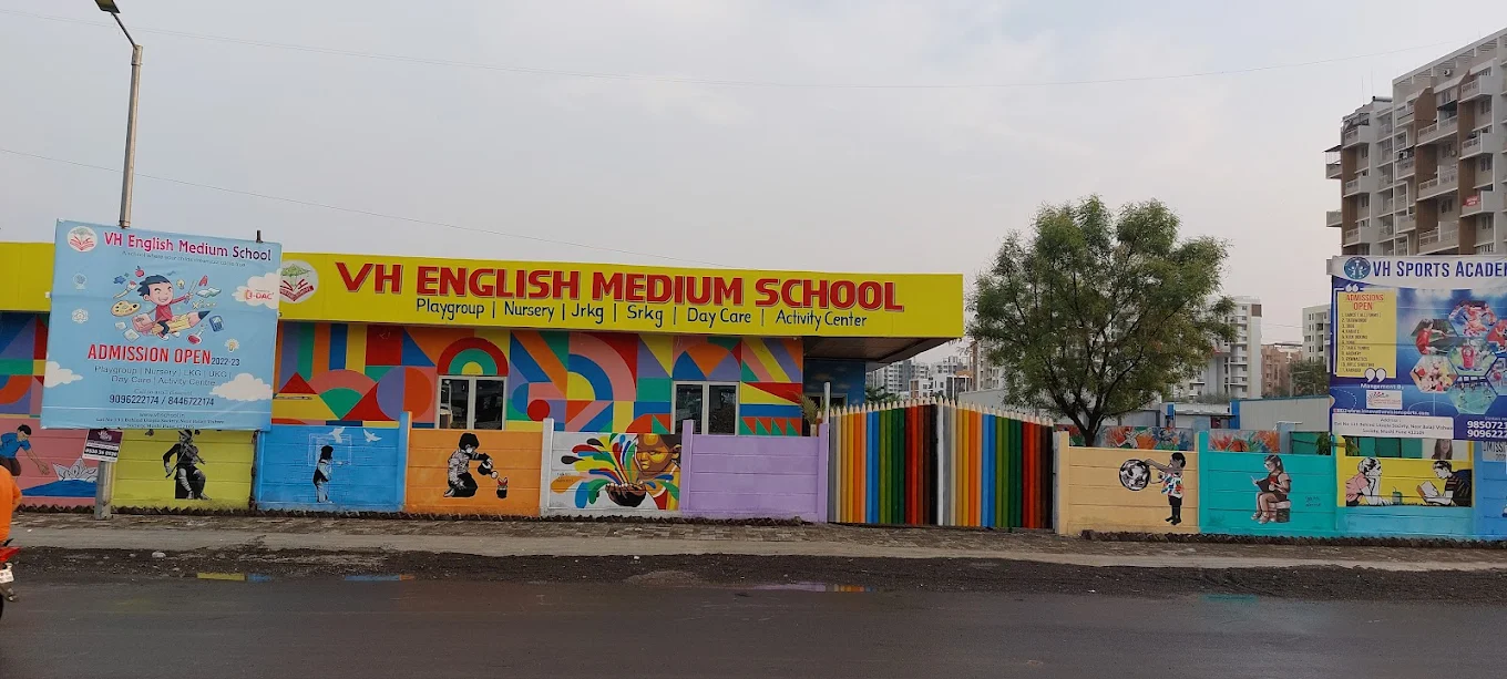 VH English Medium School campus exterior in Moshi PCMC Pune — colorful building with educational murals
